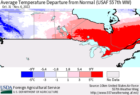 Canada Average Temperature Departure from Normal (USAF 557th WW) Thematic Map For 10/31/2022 - 11/6/2022