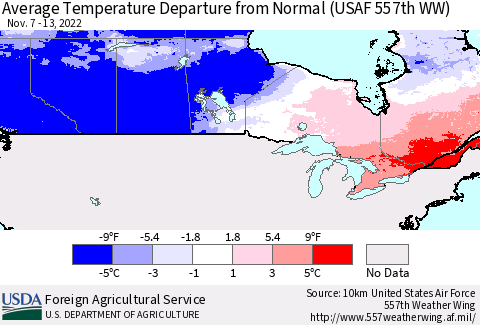 Canada Average Temperature Departure from Normal (USAF 557th WW) Thematic Map For 11/7/2022 - 11/13/2022