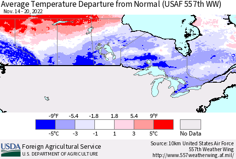 Canada Average Temperature Departure from Normal (USAF 557th WW) Thematic Map For 11/14/2022 - 11/20/2022