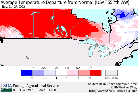 Canada Average Temperature Departure from Normal (USAF 557th WW) Thematic Map For 11/21/2022 - 11/27/2022