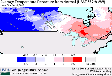 Canada Average Temperature Departure from Normal (USAF 557th WW) Thematic Map For 11/28/2022 - 12/4/2022