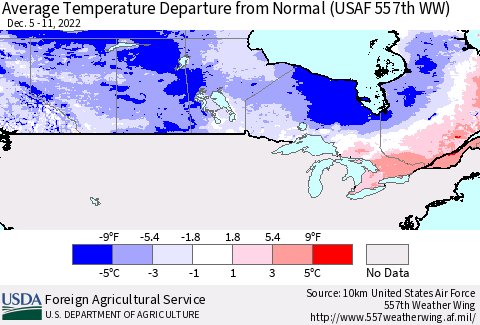 Canada Average Temperature Departure from Normal (USAF 557th WW) Thematic Map For 12/5/2022 - 12/11/2022