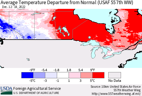 Canada Average Temperature Departure from Normal (USAF 557th WW) Thematic Map For 12/12/2022 - 12/18/2022