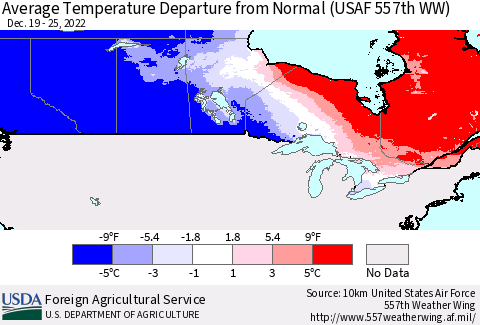 Canada Average Temperature Departure from Normal (USAF 557th WW) Thematic Map For 12/19/2022 - 12/25/2022