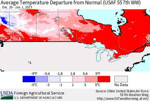 Canada Average Temperature Departure from Normal (USAF 557th WW) Thematic Map For 12/26/2022 - 1/1/2023