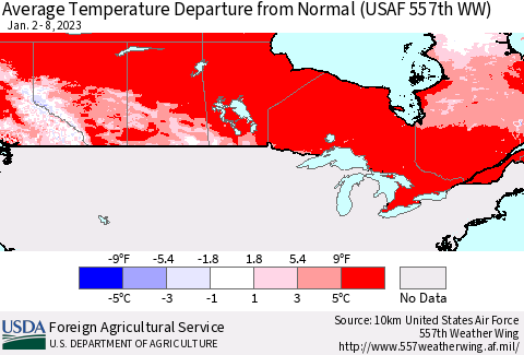 Canada Average Temperature Departure from Normal (USAF 557th WW) Thematic Map For 1/2/2023 - 1/8/2023