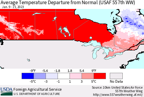 Canada Average Temperature Departure from Normal (USAF 557th WW) Thematic Map For 1/9/2023 - 1/15/2023