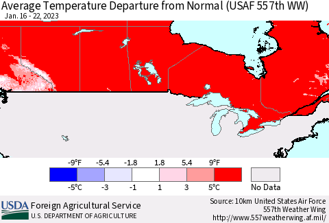 Canada Average Temperature Departure from Normal (USAF 557th WW) Thematic Map For 1/16/2023 - 1/22/2023
