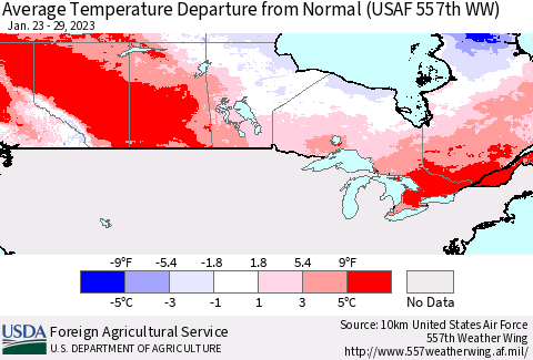 Canada Average Temperature Departure from Normal (USAF 557th WW) Thematic Map For 1/23/2023 - 1/29/2023