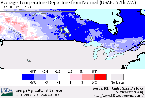 Canada Average Temperature Departure from Normal (USAF 557th WW) Thematic Map For 1/30/2023 - 2/5/2023
