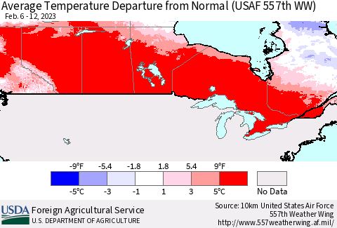 Canada Average Temperature Departure from Normal (USAF 557th WW) Thematic Map For 2/6/2023 - 2/12/2023