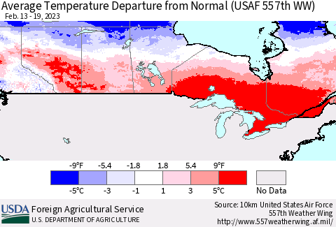 Canada Average Temperature Departure from Normal (USAF 557th WW) Thematic Map For 2/13/2023 - 2/19/2023