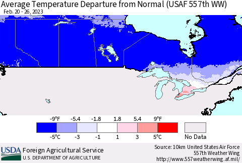 Canada Average Temperature Departure from Normal (USAF 557th WW) Thematic Map For 2/20/2023 - 2/26/2023