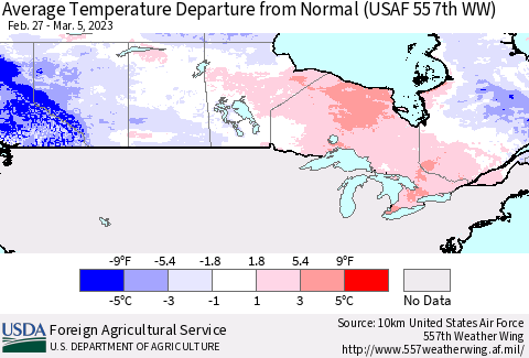 Canada Average Temperature Departure from Normal (USAF 557th WW) Thematic Map For 2/27/2023 - 3/5/2023