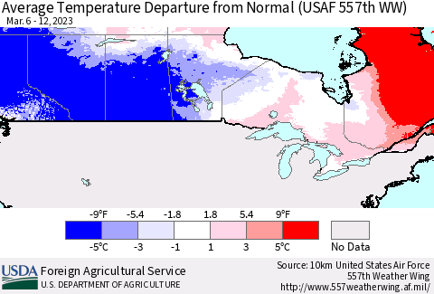 Canada Average Temperature Departure from Normal (USAF 557th WW) Thematic Map For 3/6/2023 - 3/12/2023