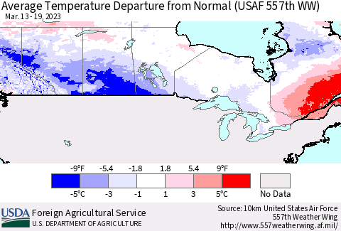 Canada Average Temperature Departure from Normal (USAF 557th WW) Thematic Map For 3/13/2023 - 3/19/2023