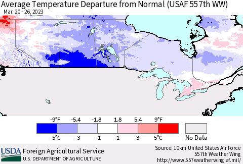 Canada Average Temperature Departure from Normal (USAF 557th WW) Thematic Map For 3/20/2023 - 3/26/2023