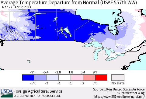 Canada Average Temperature Departure from Normal (USAF 557th WW) Thematic Map For 3/27/2023 - 4/2/2023