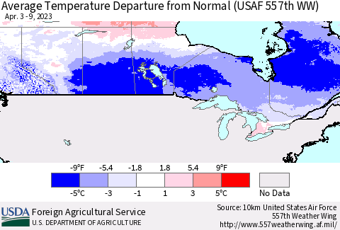 Canada Average Temperature Departure from Normal (USAF 557th WW) Thematic Map For 4/3/2023 - 4/9/2023