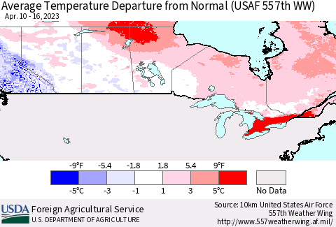 Canada Average Temperature Departure from Normal (USAF 557th WW) Thematic Map For 4/10/2023 - 4/16/2023