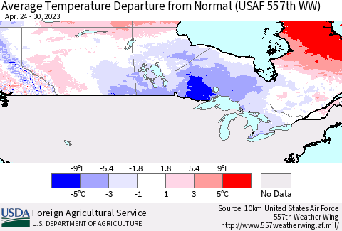 Canada Average Temperature Departure from Normal (USAF 557th WW) Thematic Map For 4/24/2023 - 4/30/2023