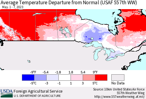 Canada Average Temperature Departure from Normal (USAF 557th WW) Thematic Map For 5/1/2023 - 5/7/2023