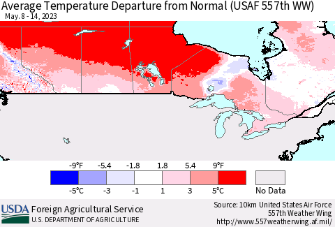 Canada Average Temperature Departure from Normal (USAF 557th WW) Thematic Map For 5/8/2023 - 5/14/2023