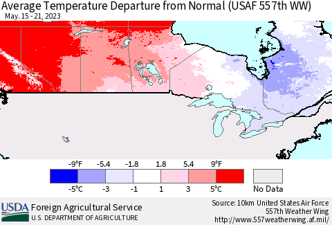 Canada Average Temperature Departure from Normal (USAF 557th WW) Thematic Map For 5/15/2023 - 5/21/2023