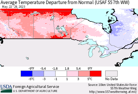 Canada Average Temperature Departure from Normal (USAF 557th WW) Thematic Map For 5/22/2023 - 5/28/2023