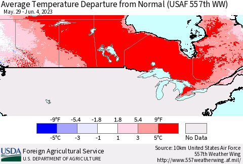 Canada Average Temperature Departure from Normal (USAF 557th WW) Thematic Map For 5/29/2023 - 6/4/2023
