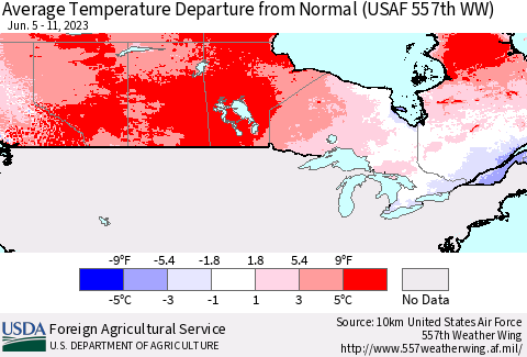 Canada Average Temperature Departure from Normal (USAF 557th WW) Thematic Map For 6/5/2023 - 6/11/2023