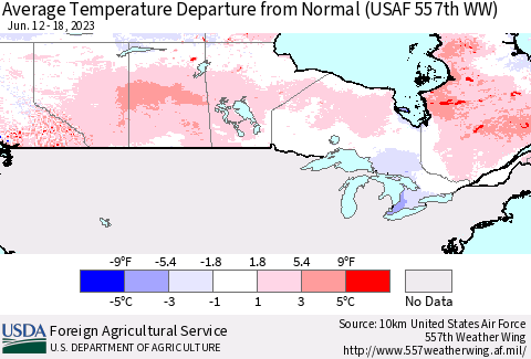 Canada Average Temperature Departure from Normal (USAF 557th WW) Thematic Map For 6/12/2023 - 6/18/2023