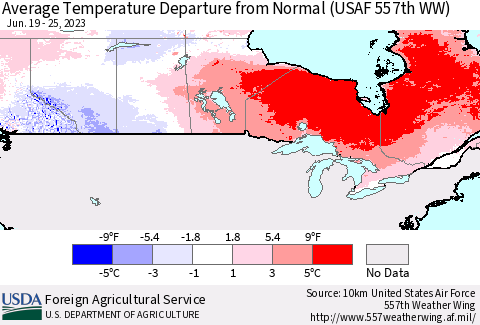 Canada Average Temperature Departure from Normal (USAF 557th WW) Thematic Map For 6/19/2023 - 6/25/2023