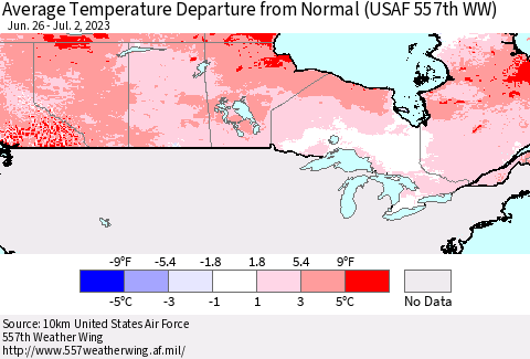 Canada Average Temperature Departure from Normal (USAF 557th WW) Thematic Map For 6/26/2023 - 7/2/2023
