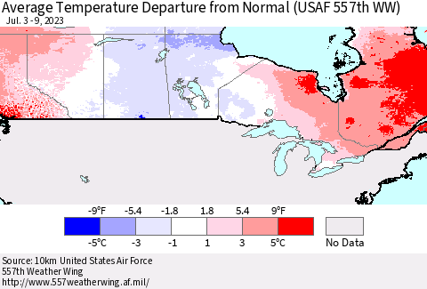 Canada Average Temperature Departure from Normal (USAF 557th WW) Thematic Map For 7/3/2023 - 7/9/2023
