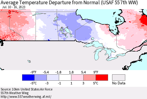 Canada Average Temperature Departure from Normal (USAF 557th WW) Thematic Map For 7/10/2023 - 7/16/2023