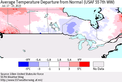 Canada Average Temperature Departure from Normal (USAF 557th WW) Thematic Map For 7/17/2023 - 7/23/2023