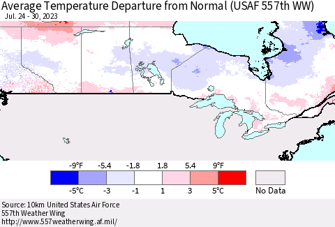 Canada Average Temperature Departure from Normal (USAF 557th WW) Thematic Map For 7/24/2023 - 7/30/2023