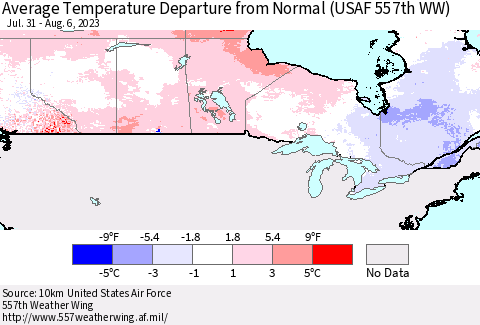 Canada Average Temperature Departure from Normal (USAF 557th WW) Thematic Map For 7/31/2023 - 8/6/2023