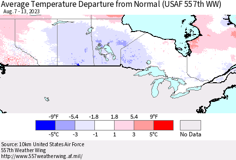 Canada Average Temperature Departure from Normal (USAF 557th WW) Thematic Map For 8/7/2023 - 8/13/2023