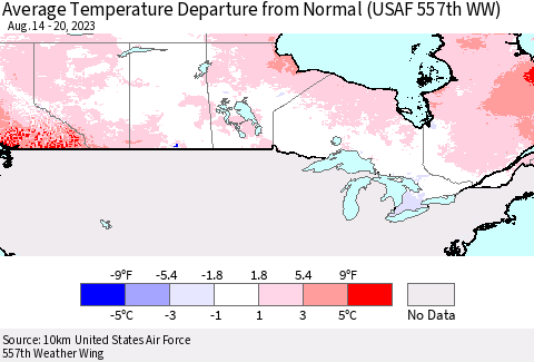 Canada Average Temperature Departure from Normal (USAF 557th WW) Thematic Map For 8/14/2023 - 8/20/2023