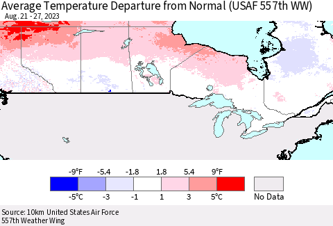 Canada Average Temperature Departure from Normal (USAF 557th WW) Thematic Map For 8/21/2023 - 8/27/2023