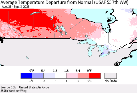 Canada Average Temperature Departure from Normal (USAF 557th WW) Thematic Map For 8/28/2023 - 9/3/2023