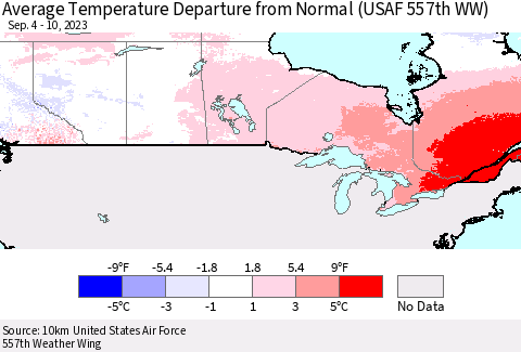 Canada Average Temperature Departure from Normal (USAF 557th WW) Thematic Map For 9/4/2023 - 9/10/2023