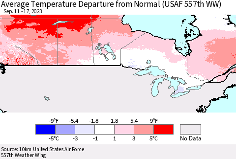 Canada Average Temperature Departure from Normal (USAF 557th WW) Thematic Map For 9/11/2023 - 9/17/2023