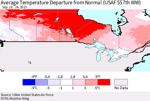 Canada Average Temperature Departure from Normal (USAF 557th WW) Thematic Map For 9/18/2023 - 9/24/2023