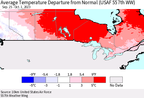 Canada Average Temperature Departure from Normal (USAF 557th WW) Thematic Map For 9/25/2023 - 10/1/2023