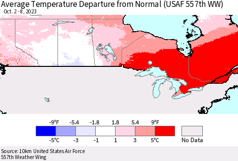Canada Average Temperature Departure from Normal (USAF 557th WW) Thematic Map For 10/2/2023 - 10/8/2023