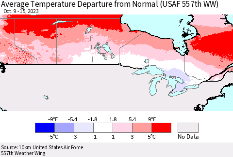 Canada Average Temperature Departure from Normal (USAF 557th WW) Thematic Map For 10/9/2023 - 10/15/2023