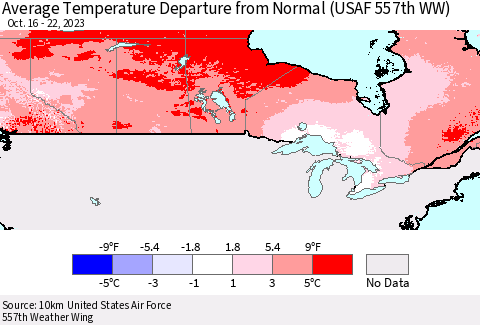 Canada Average Temperature Departure from Normal (USAF 557th WW) Thematic Map For 10/16/2023 - 10/22/2023